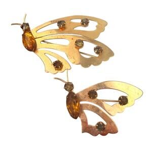 Vintage Linc Gold Butterfly Pins Set of 2 1/20 12-KGF Amber Brown Rhinestones